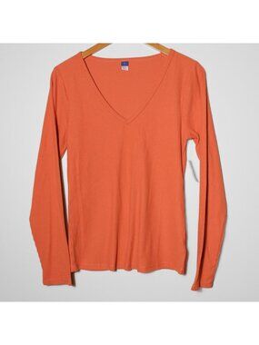 Old Navy Slim Fit V-Neck Soft Brushed Rip Knit Long Sleeve Top Orange Size L
